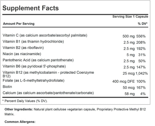 Andrew Lessman Vitamin C 500 Plus B-Complex capsules close-up showing non-acidic formula.