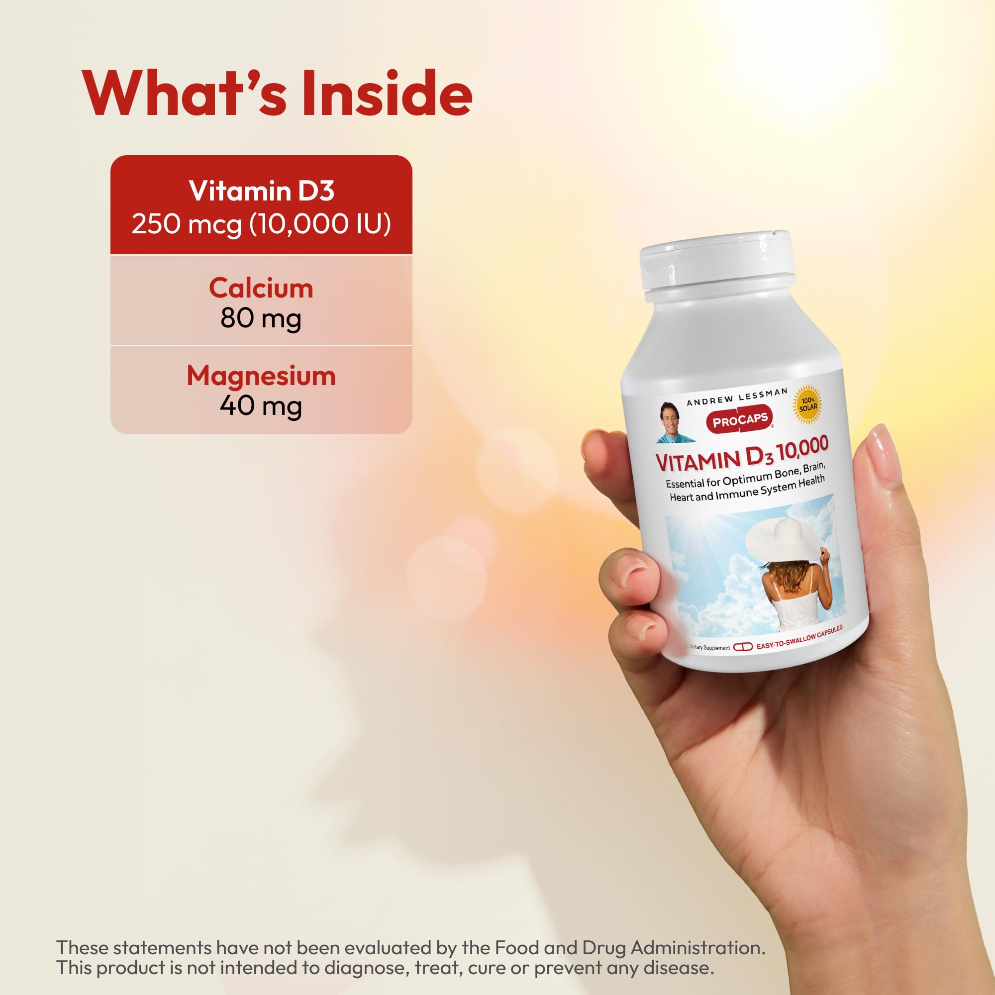 Andrew Lessman Vitamin D3 bottle close-up of label noting calcium and magnesium support.