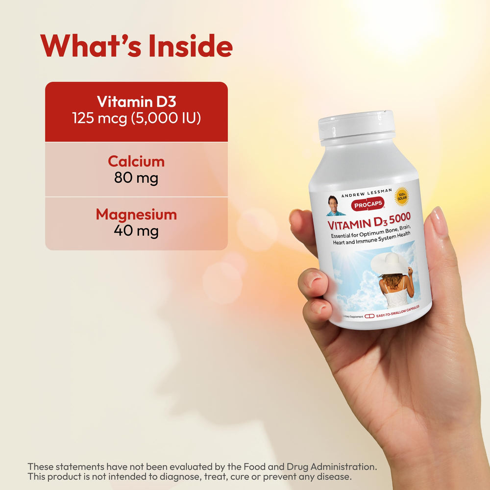 ANDREW LESSMAN Vitamin D3 5000 IU bottle pour demonstrates easy-to-dispense capsules