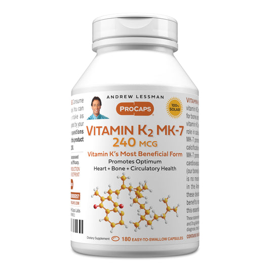 Andrew Lessman Vitamin K2 MK7 softgels bottle front showing compact capsules for calcium metabolism support.