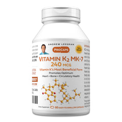 Andrew Lessman Vitamin K2 MK7 softgels bottle with compact capsules for calcium support.
