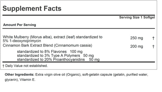 Andrew Lessman label close-up highlights 5% 1-deoxynojirimycin extract and cinnamon for potential support