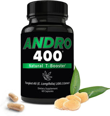Andro400 bottle with Tongkat Ali 100:1 extract highlights daily vitality and potency.