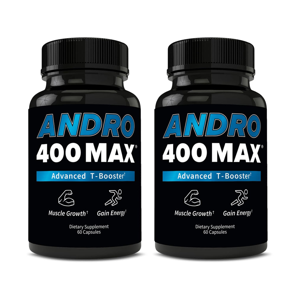 Andro400 Max bottle showing the advanced T-support blend for daily vitality and circulation.