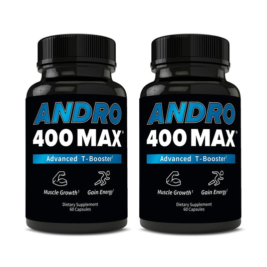 Andro400 Max bottle showing the advanced T-support blend for daily vitality and circulation.