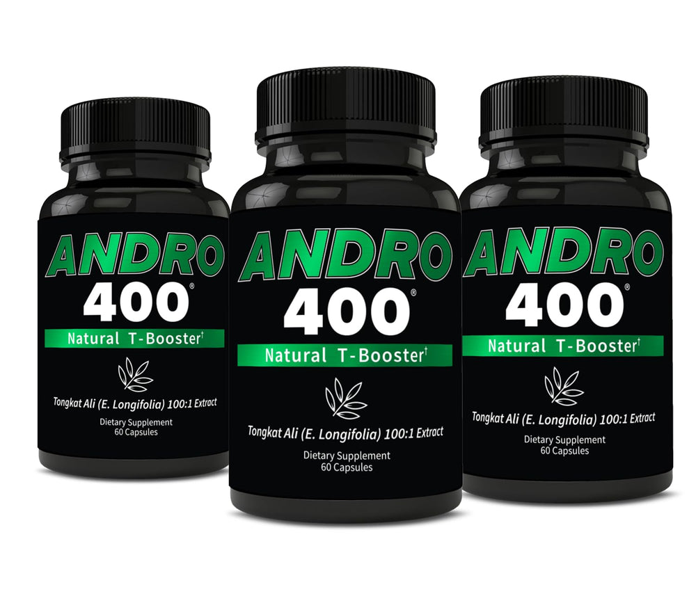 Andro400 Tongkat Ali 100:1 extract bottle with capsules for daily energy and vitality