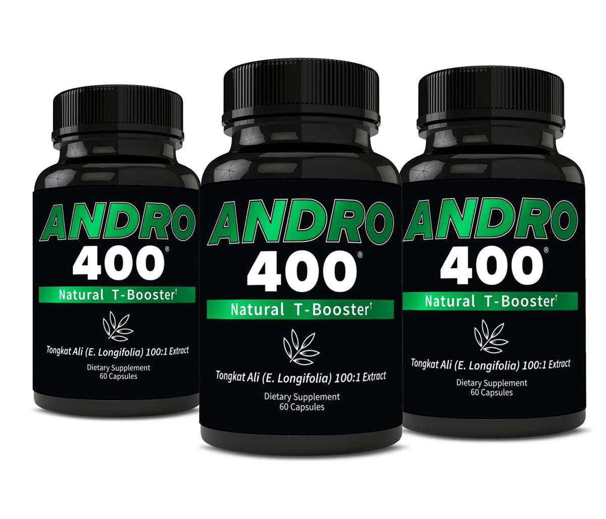 Andro400 Tongkat Ali 100:1 extract bottle with capsules for daily energy and vitality
