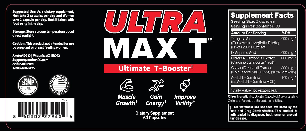 Andro400 Ultra Max T label close-up emphasizing 200:1 extract potency