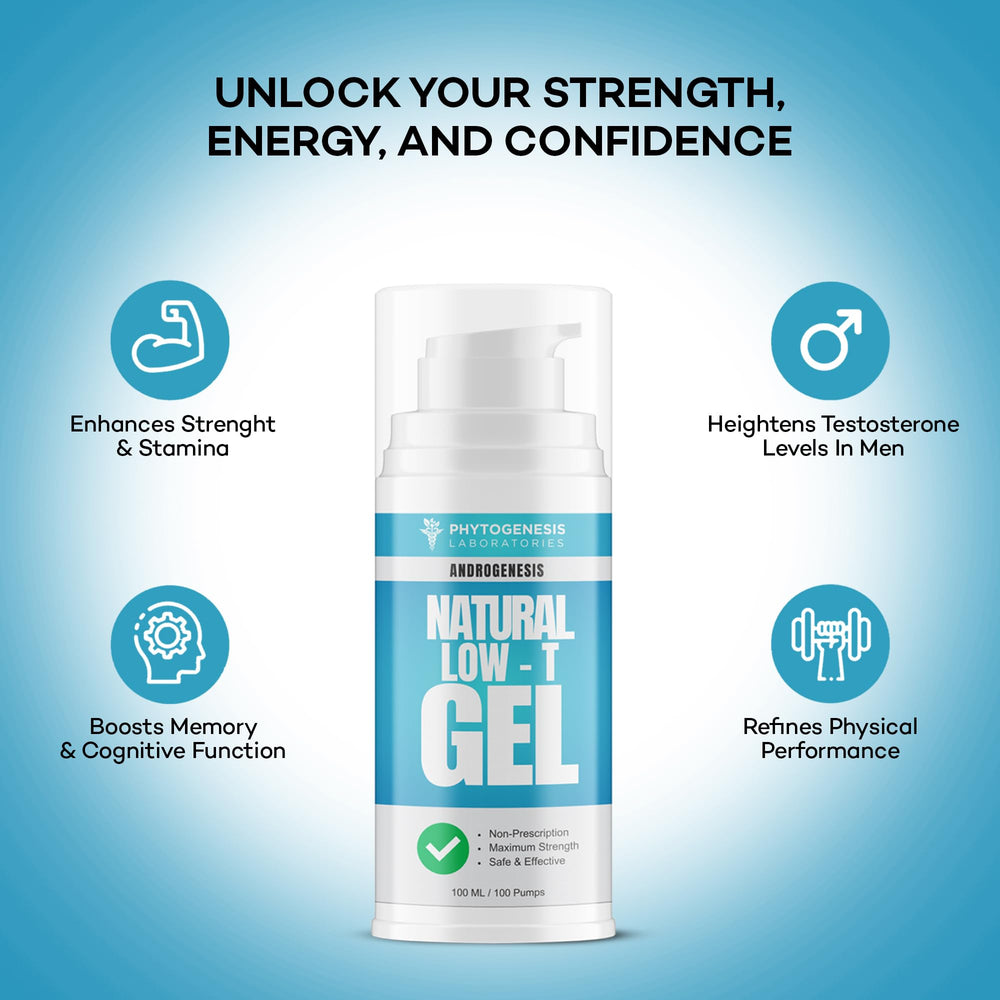 Man applying Androgenesis gel after workout with blue packaging visible.