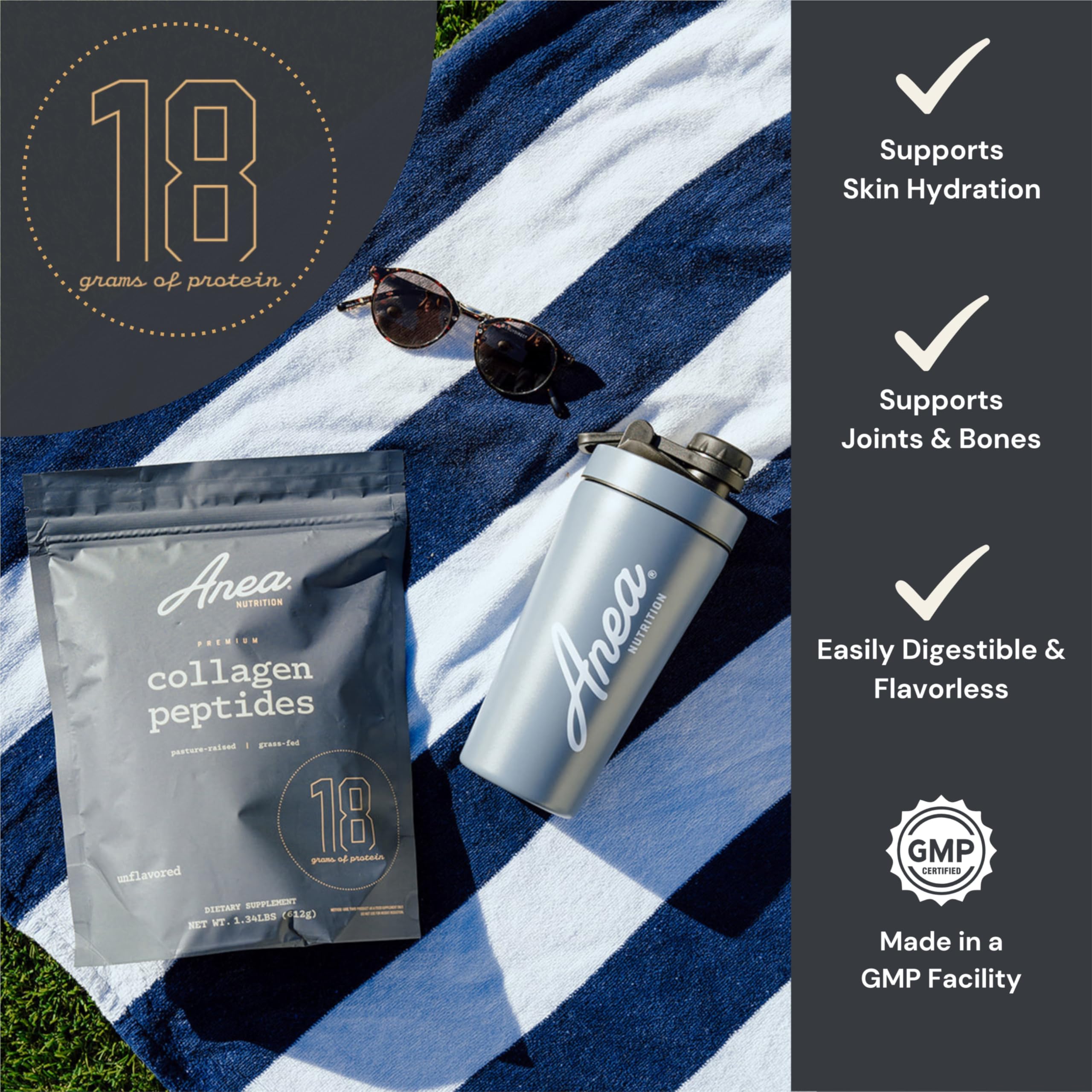 Anea Collagen Peptides packaging emphasizes no dairy or gluten