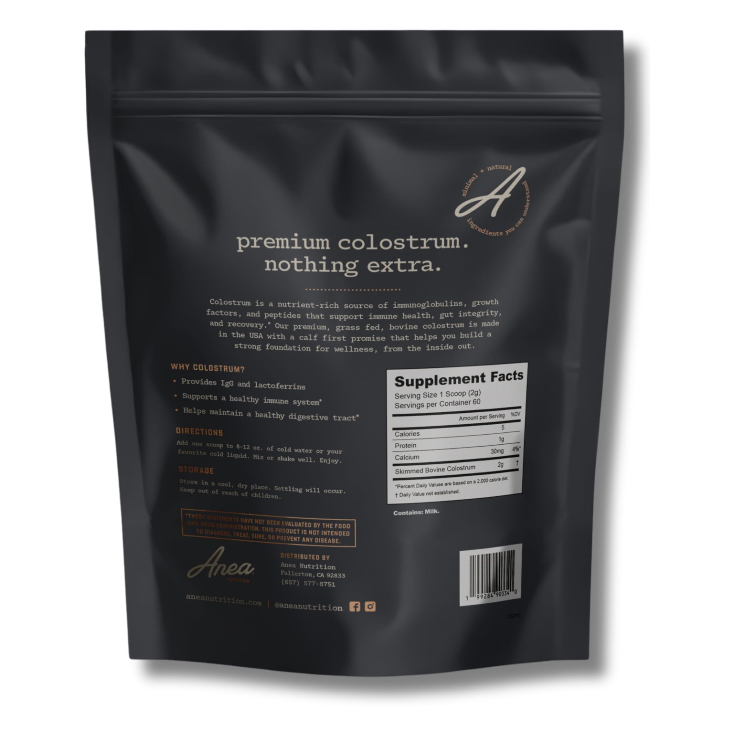 Anea Colostrum unflavored powder tub, easy to blend into shakes.