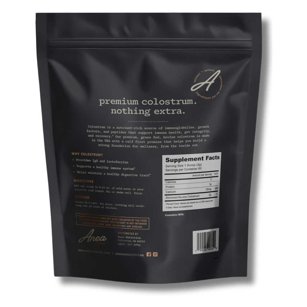 Anea Colostrum unflavored powder tub, easy to blend into shakes.