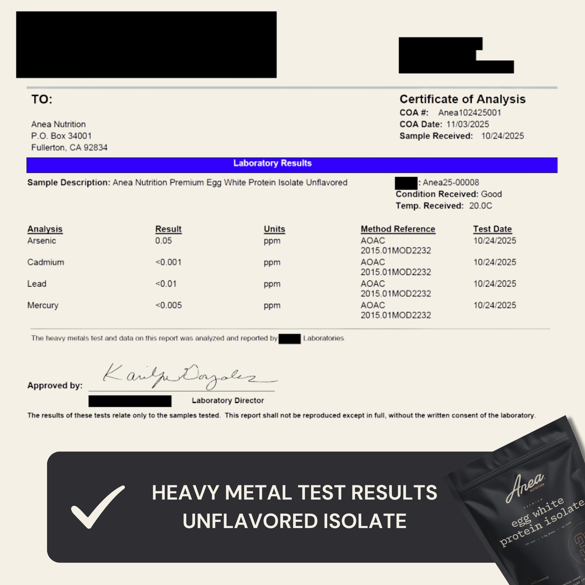Anea Nutrition egg white protein GMP facility badge signals quality and safety.