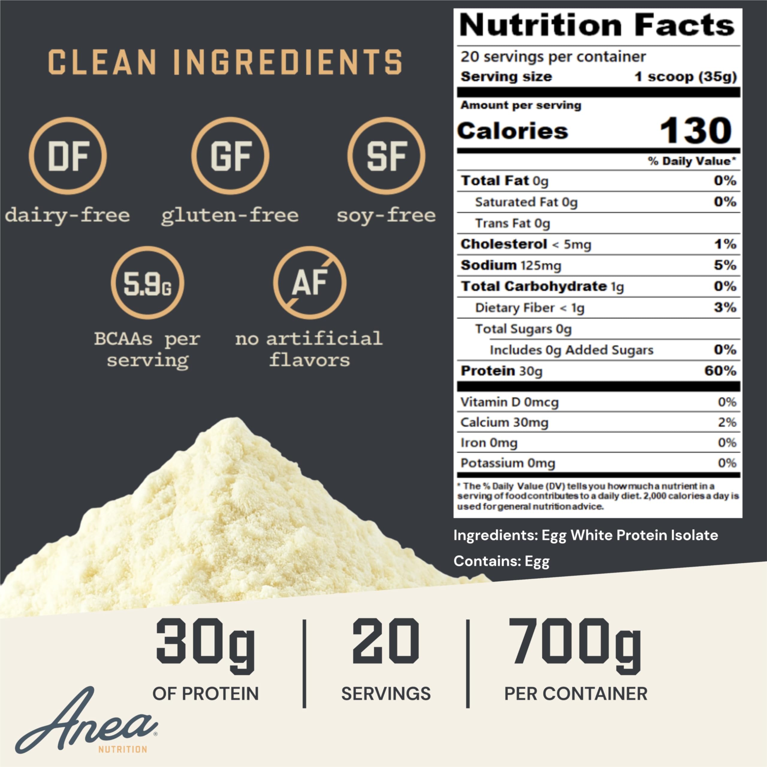 Anea Nutrition egg white protein tub shows gluten-free claim for clean diet.