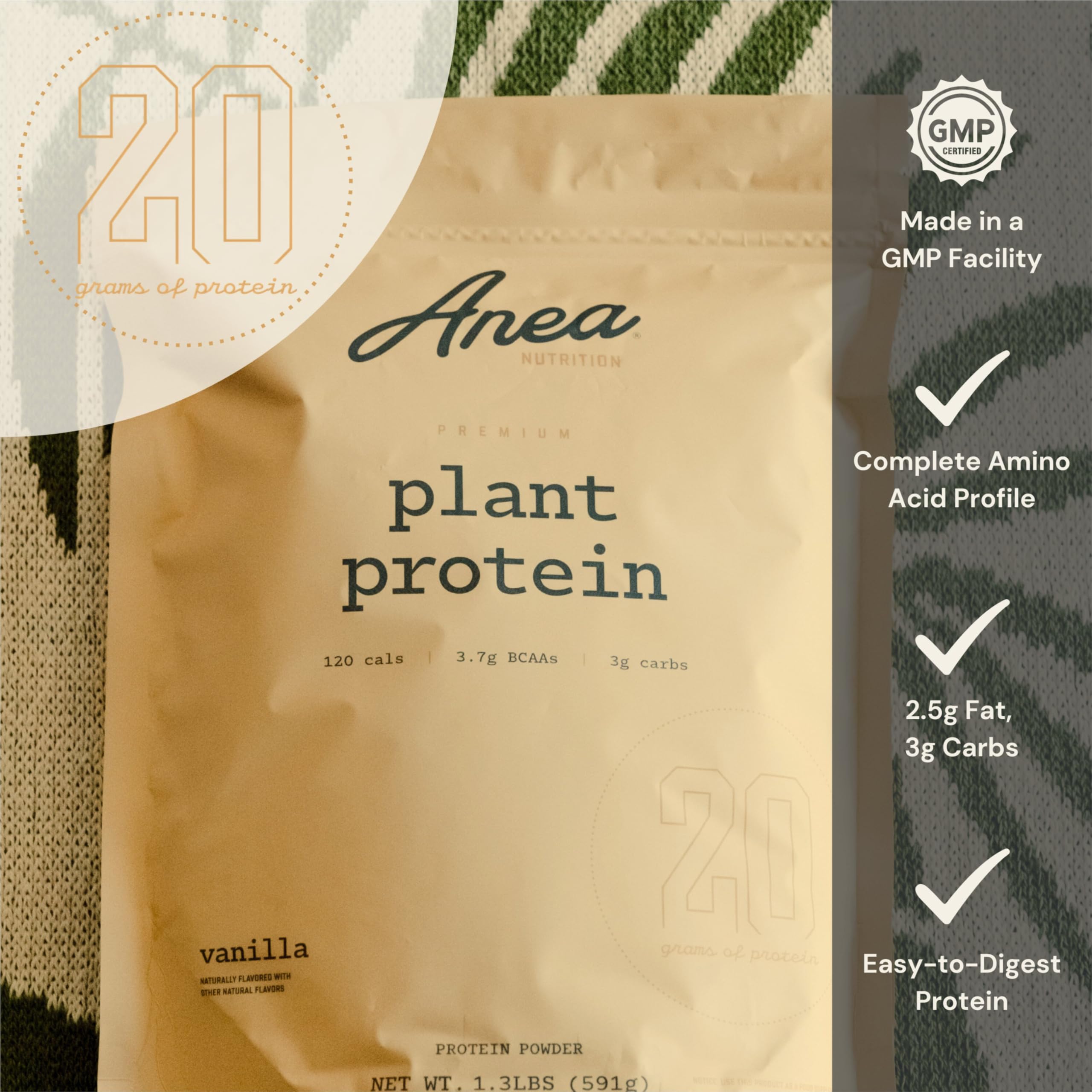 Anea Nutrition Plant Protein Vanilla powder emphasizing dairy free and gluten free formula.