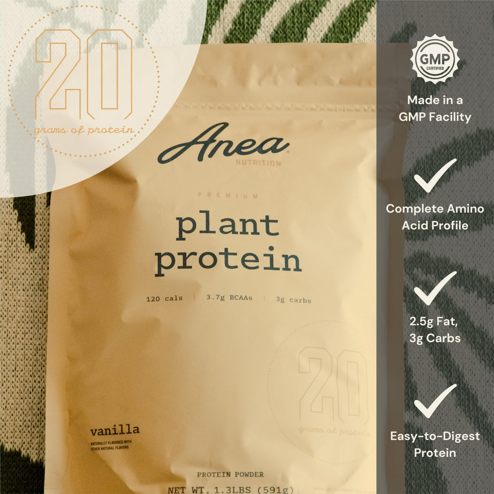 Anea Nutrition Plant Protein Vanilla powder emphasizing dairy free and gluten free formula.