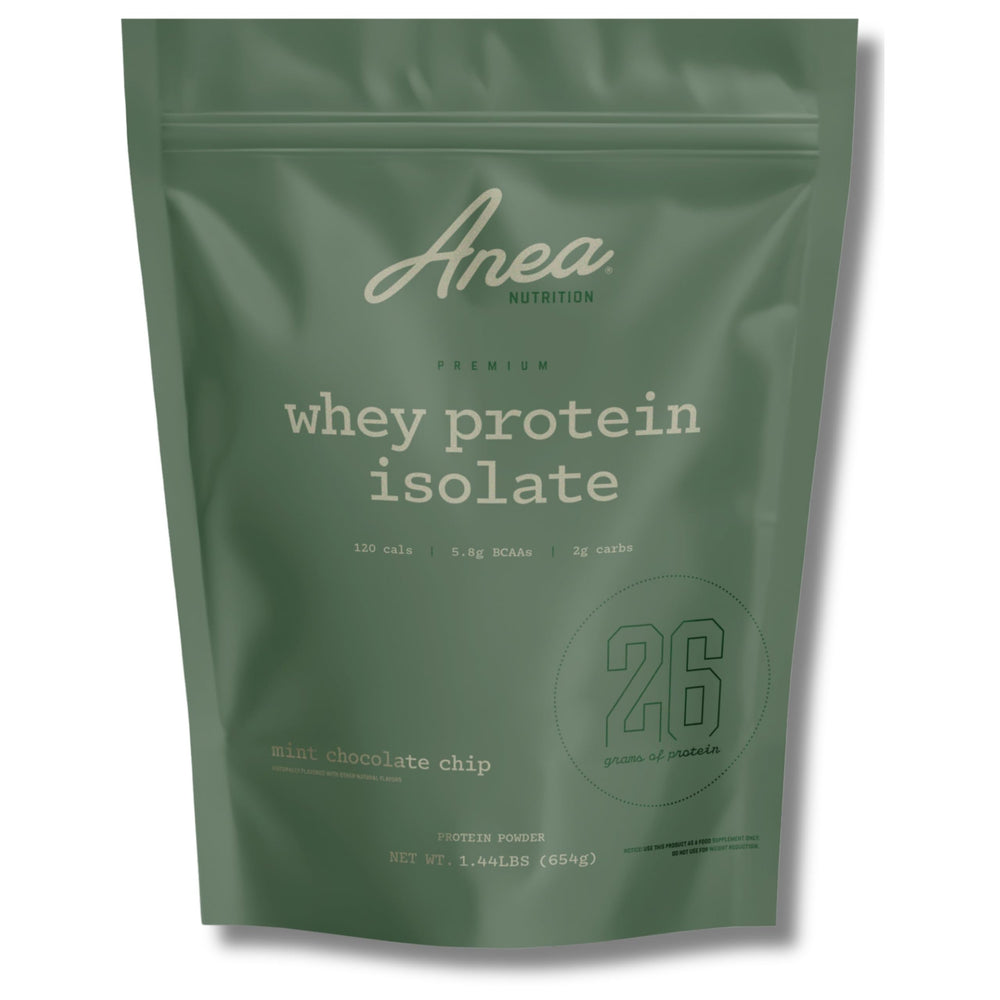 Anea Whey Protein Isolate mint chocolate chip tub open, inviting post-workout preparation