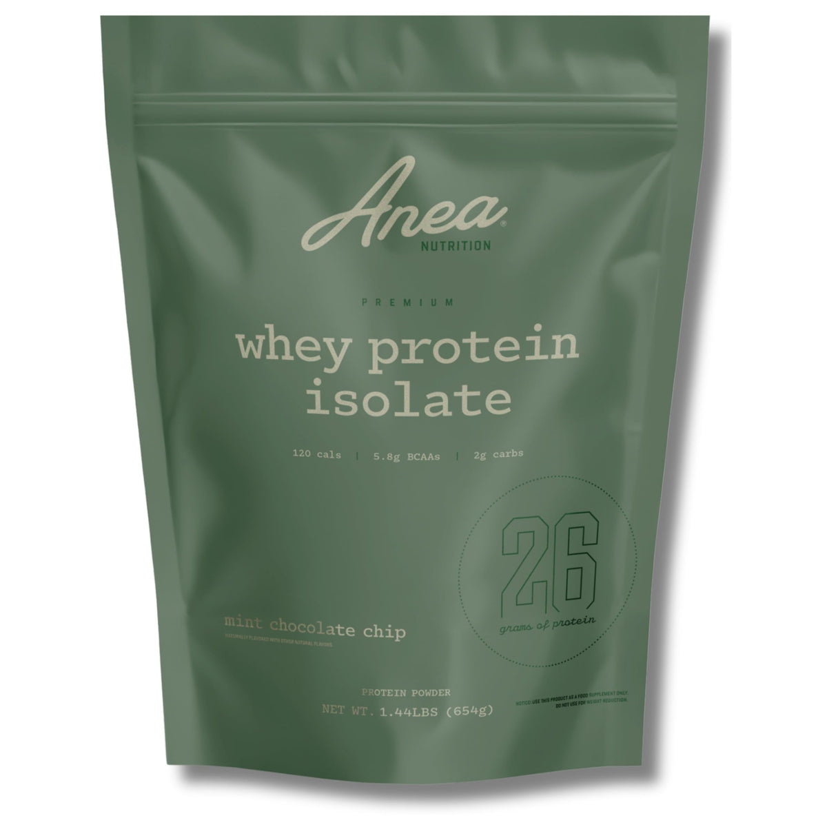 Anea Whey Protein Isolate mint chocolate chip tub open, inviting post-workout preparation