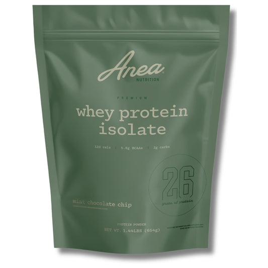 Anea Whey Protein Isolate mint chocolate chip tub open, inviting post-workout preparation