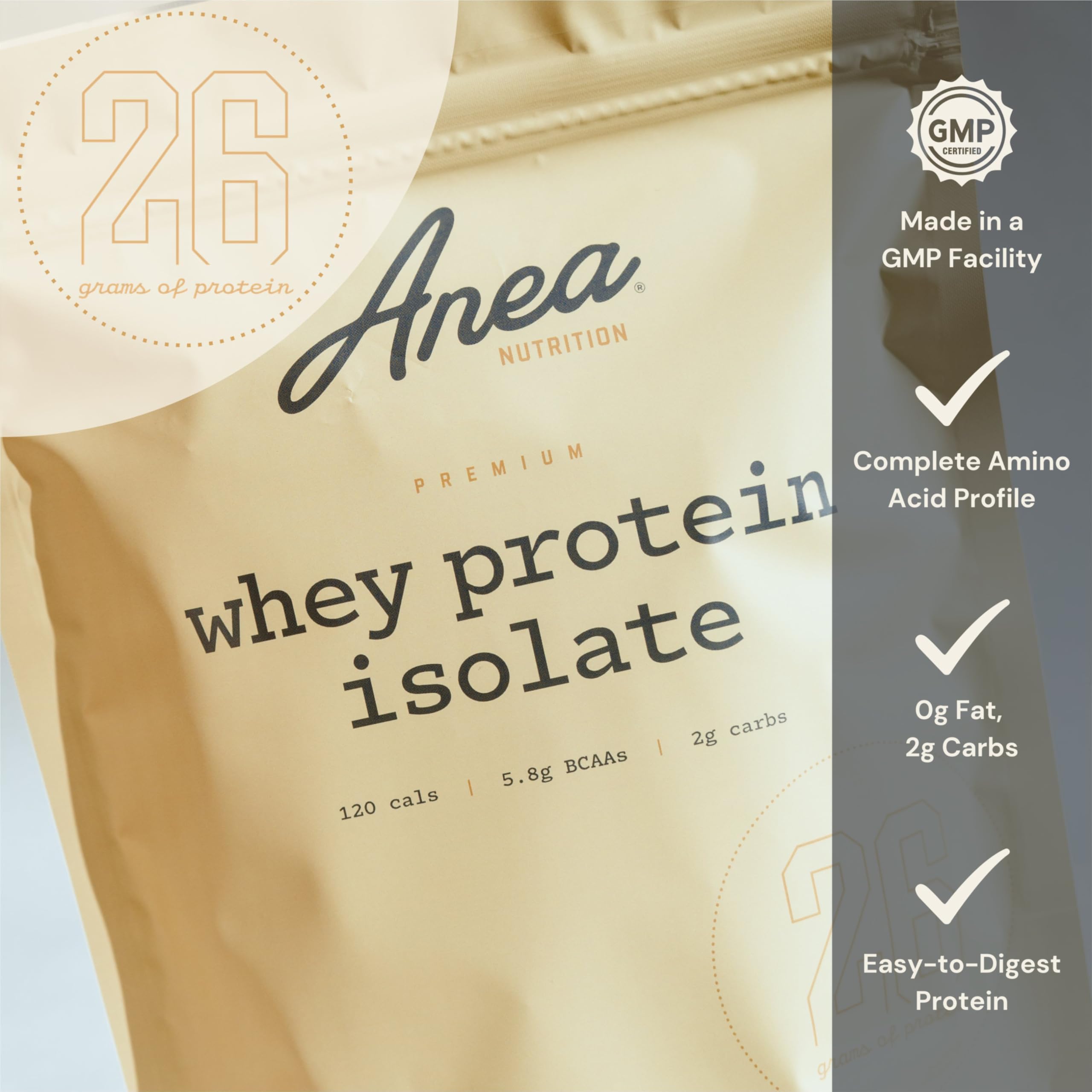Anea Whey Protein Isolate Vanilla label close-up highlighting clean ingredients.