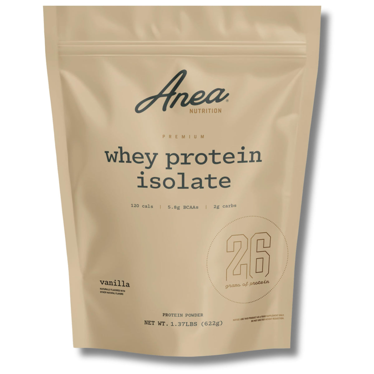 Anea Whey Protein Isolate Vanilla powder ready for a quick post-workout shake.