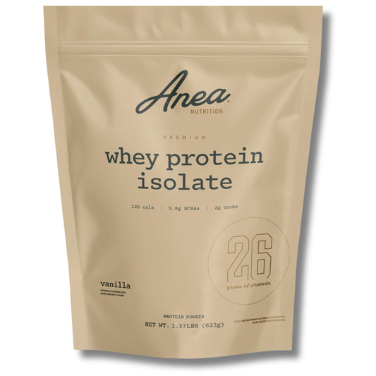 Anea Whey Protein Isolate Vanilla powder ready for a quick post-workout shake.