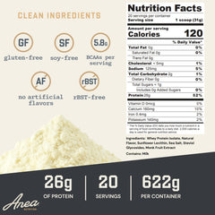 Anea Whey Protein Isolate Vanilla tub front view for convenient daily protein supply.