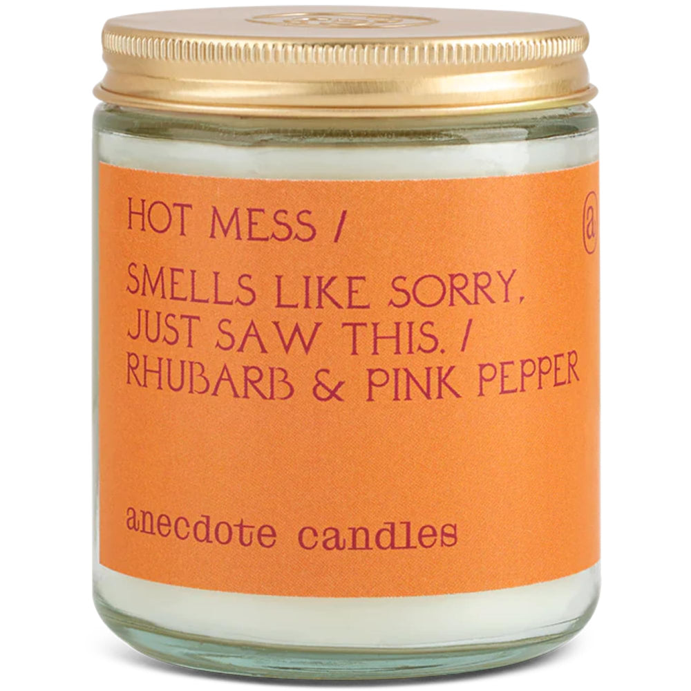 Anecdote Candles Hot Mess coconut soy jar enhances ambiance with long-lasting fragrance.