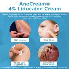 AneCream Focus Healh 4% lidocaine label close-up highlighting the active ingredient for quick relief