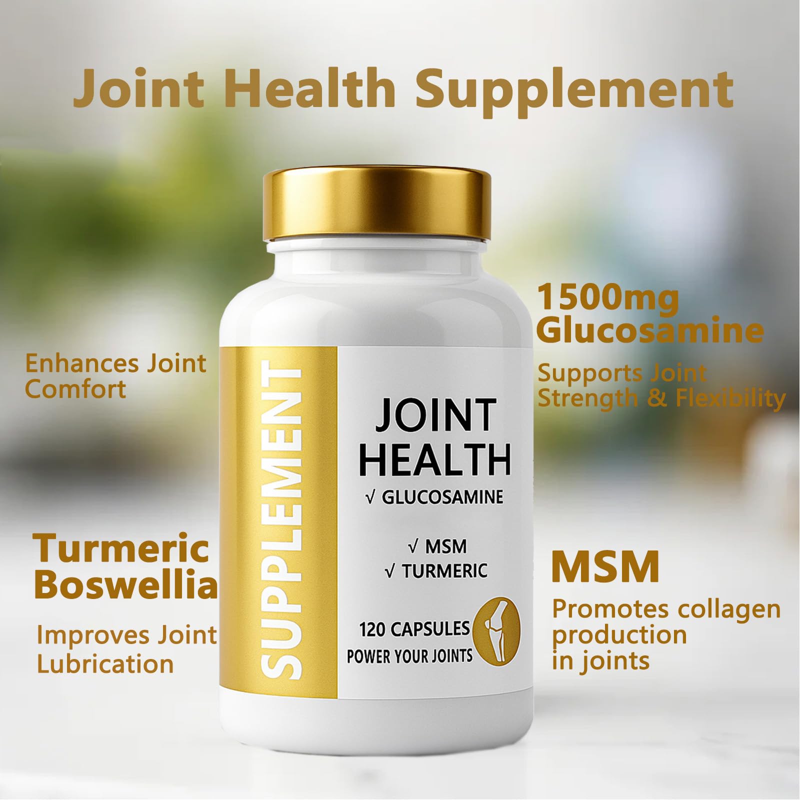 ANEFOSE ingredients label highlights glucosamine and turmeric for daily joint support.