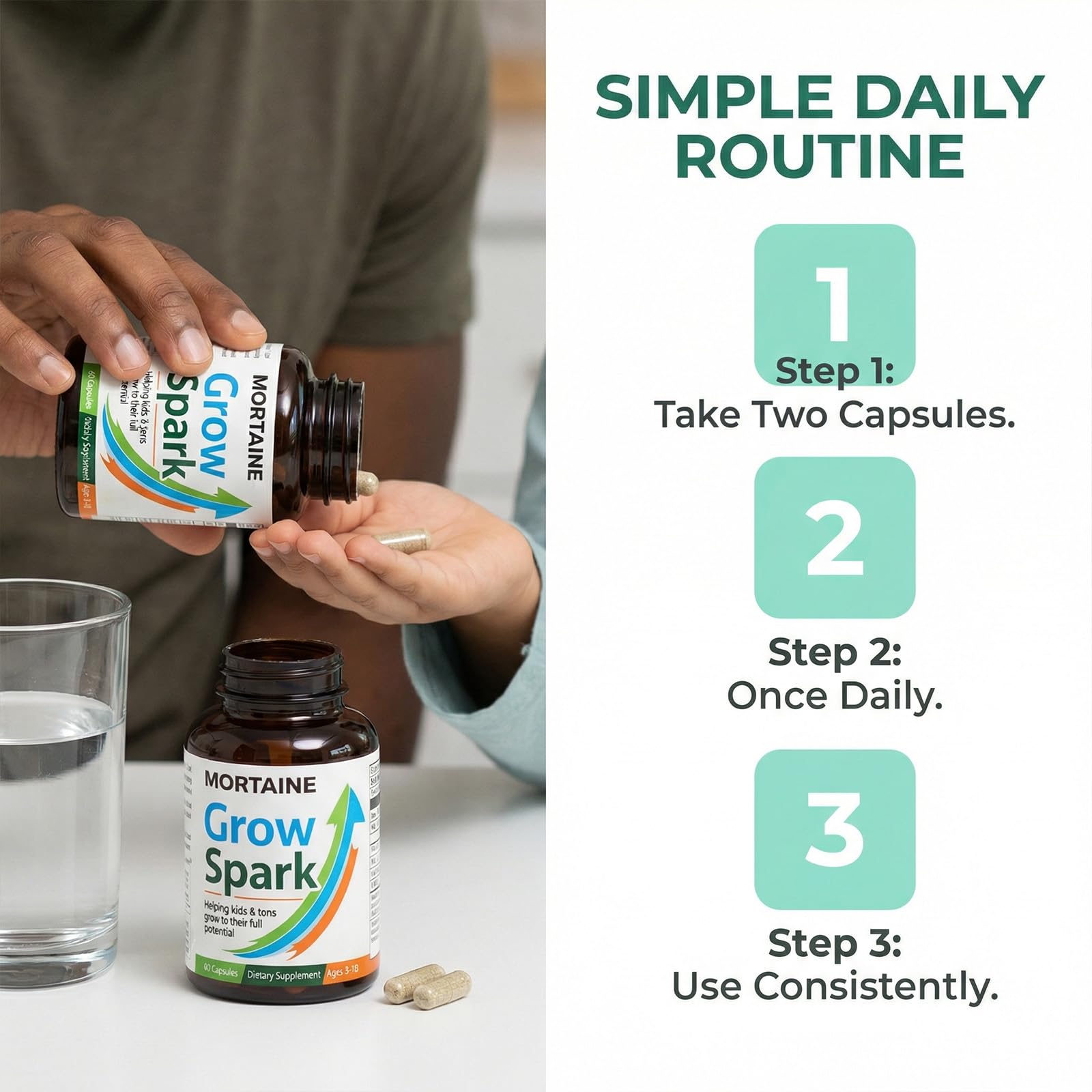 ANEFOSE Mortaine Grow bottle on nightstand for daily routine