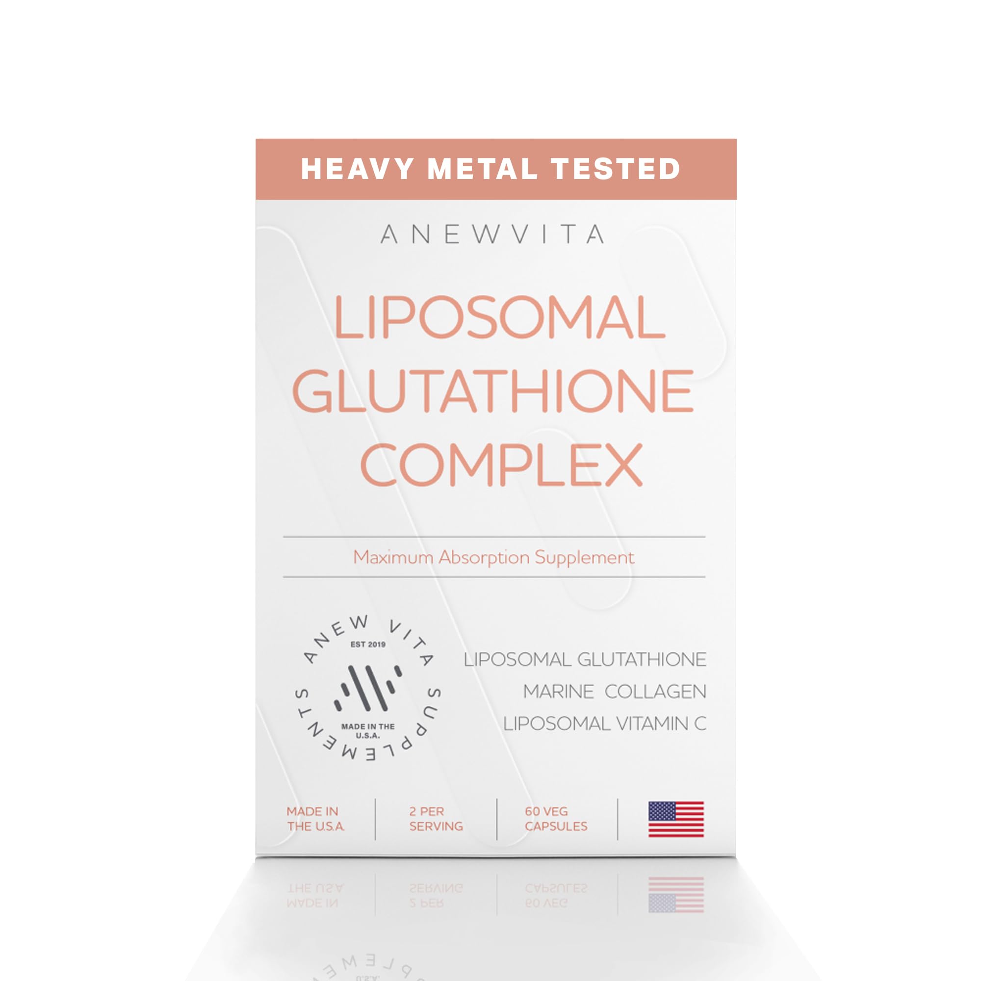 Anew Vita liposomal glutathione bottle highlighting enhanced absorption for radiant skin.