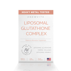 Anew Vita liposomal glutathione bottle highlighting enhanced absorption for radiant skin.