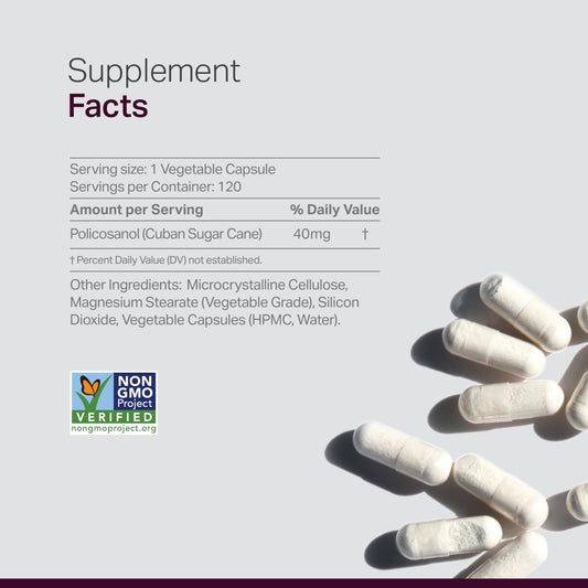 Anew Vita Policosanol capsules displayed to deliver 40 mg per serving in daily use.