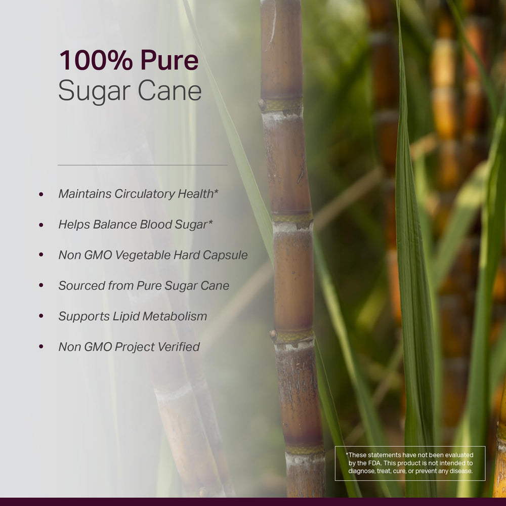 Sugarcane-derived policosanol detail signals natural sourcing in the product.