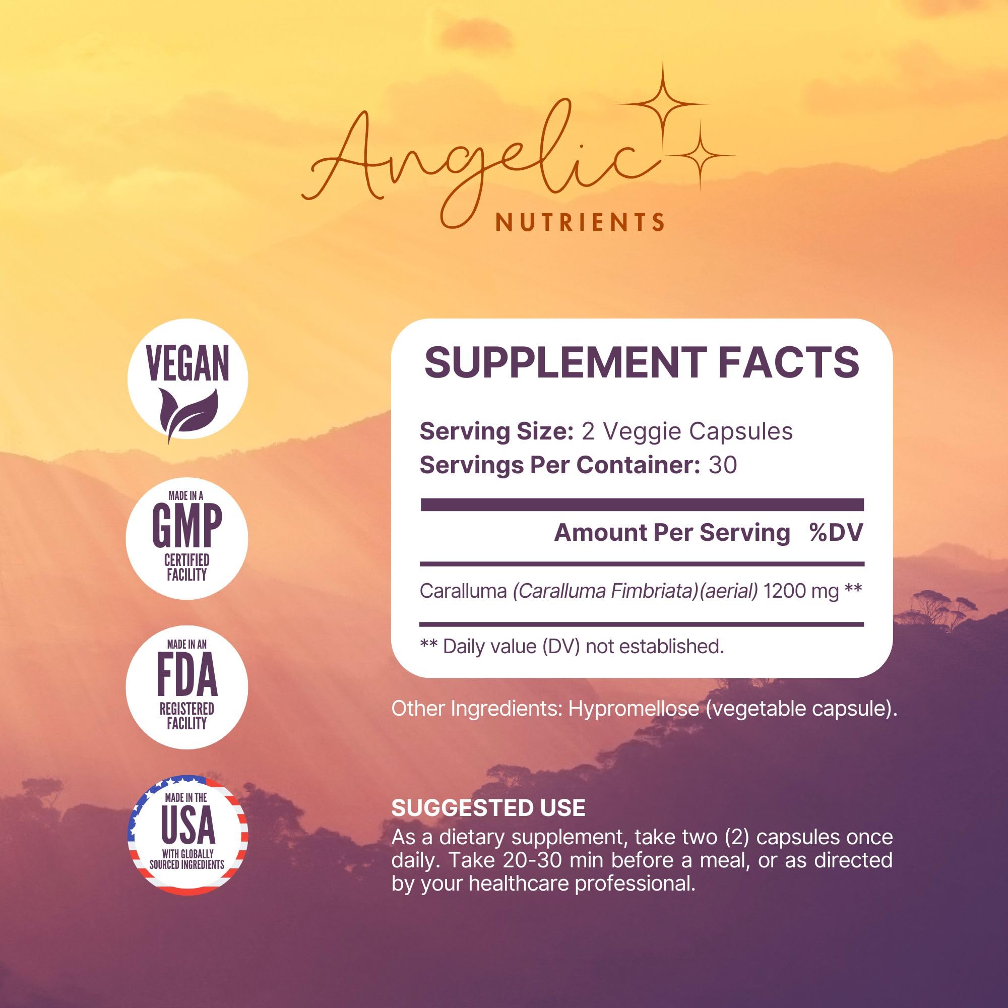 Angelic Nutrients Caralluma Fimbriata bottle showing 1200 mg high-potency dose.