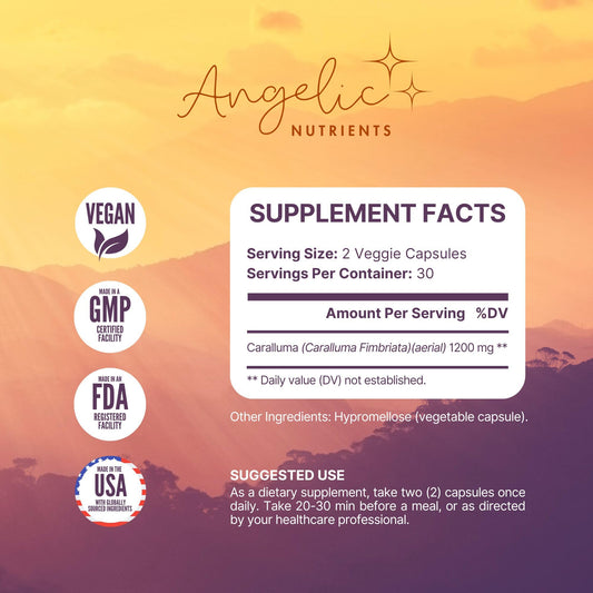 Angelic Nutrients Caralluma Fimbriata bottle showing 1200 mg high-potency dose.