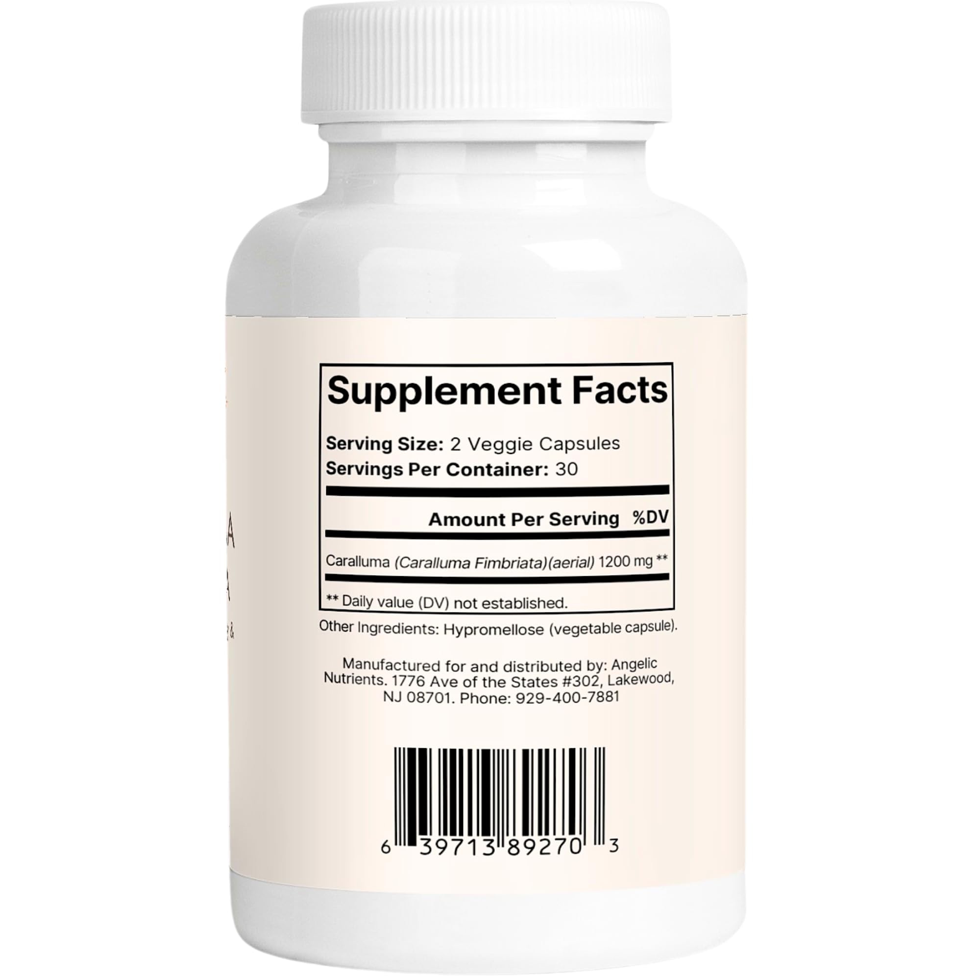 Angelic Nutrients Caralluma Fimbriata vegan capsules in clean design for wellness.