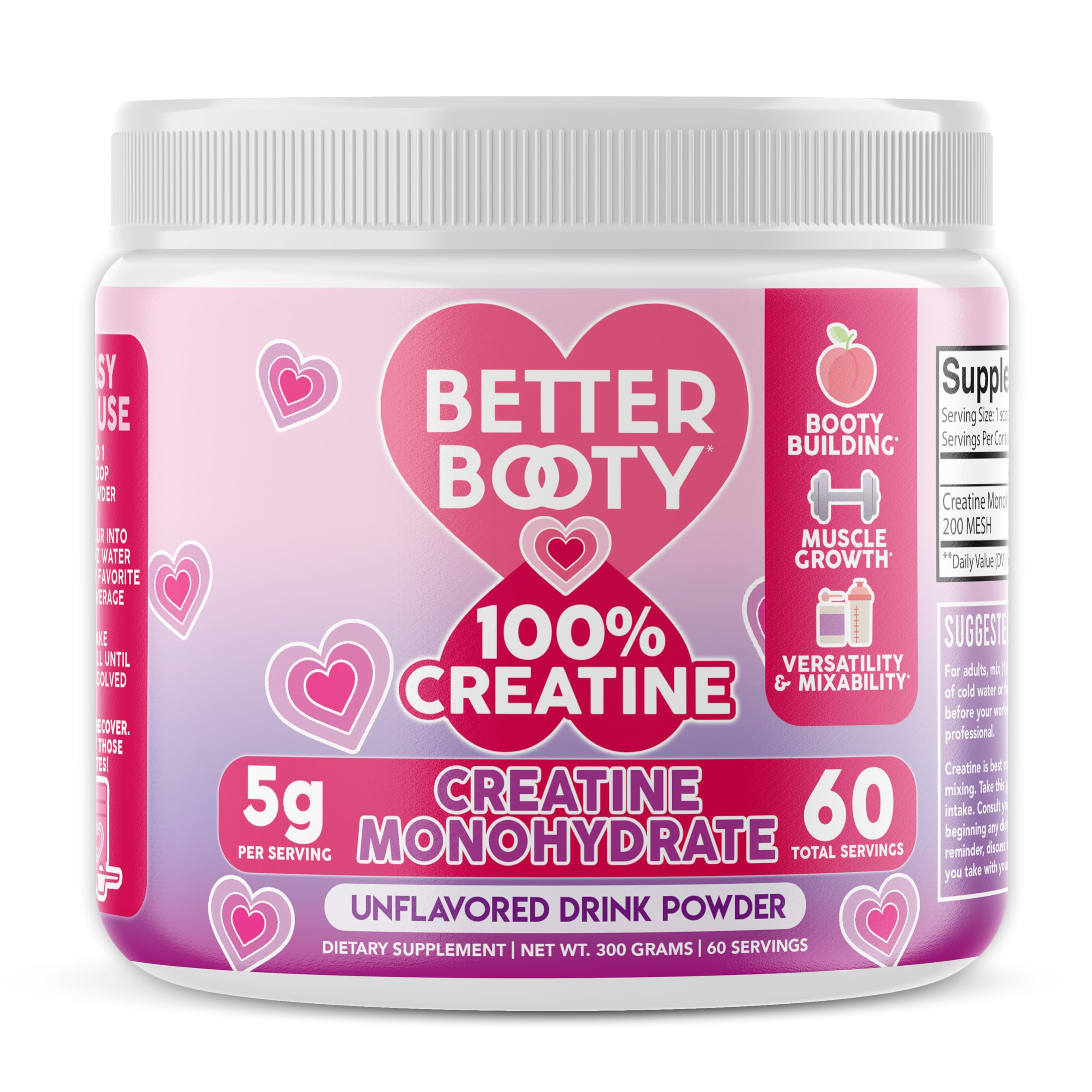 Angry Supplements Better Booty creatine powder jar highlights premium unflavored formula and easy mixing for women.