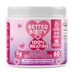 Angry Supplements Better Booty creatine powder jar highlights premium unflavored formula and easy mixing for women.