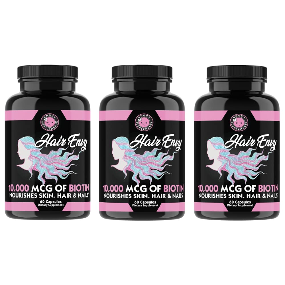 Angry Supplements Hair Envy bottle with capsules promotes vitality.