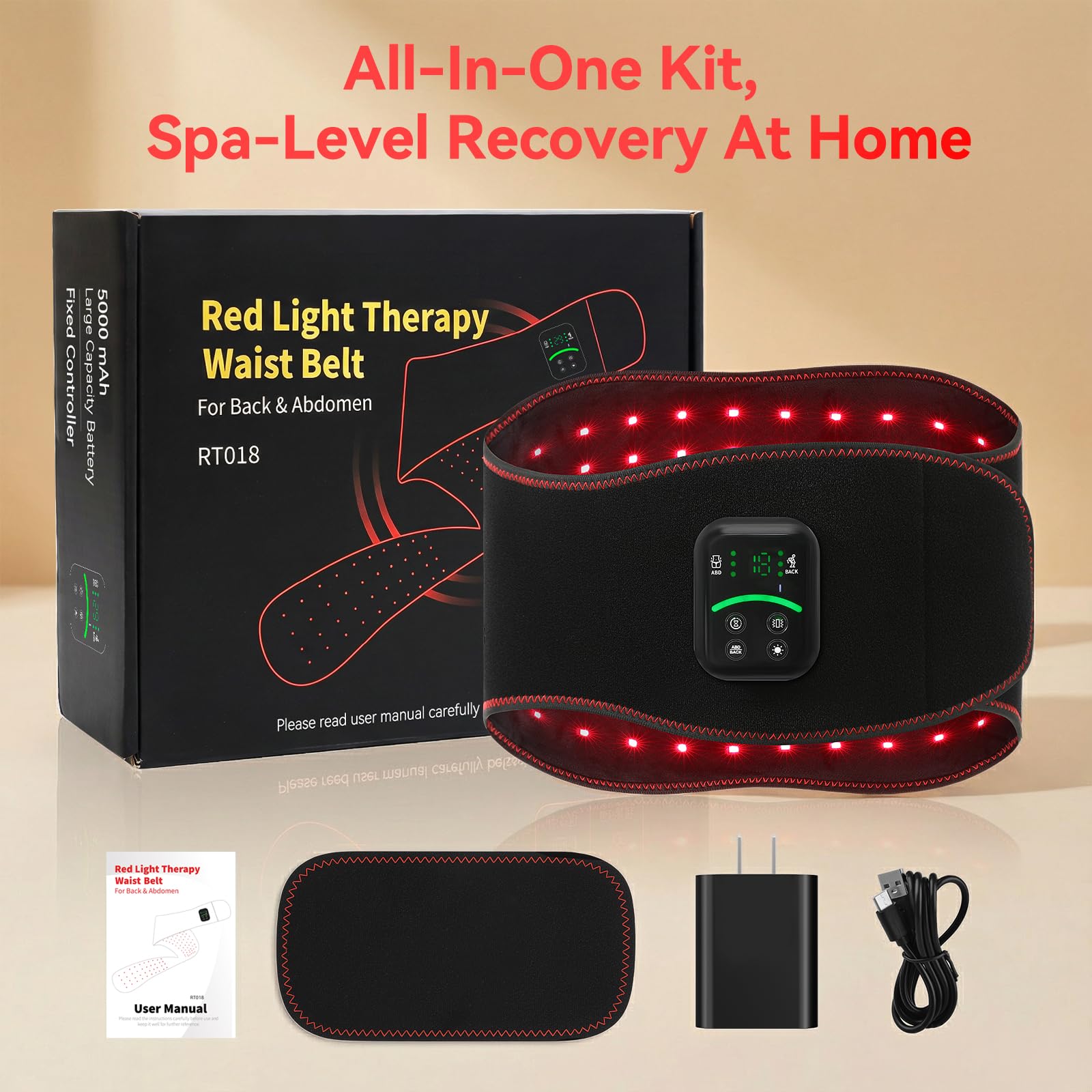 ANHOM red light therapy belt auto timer display and control.