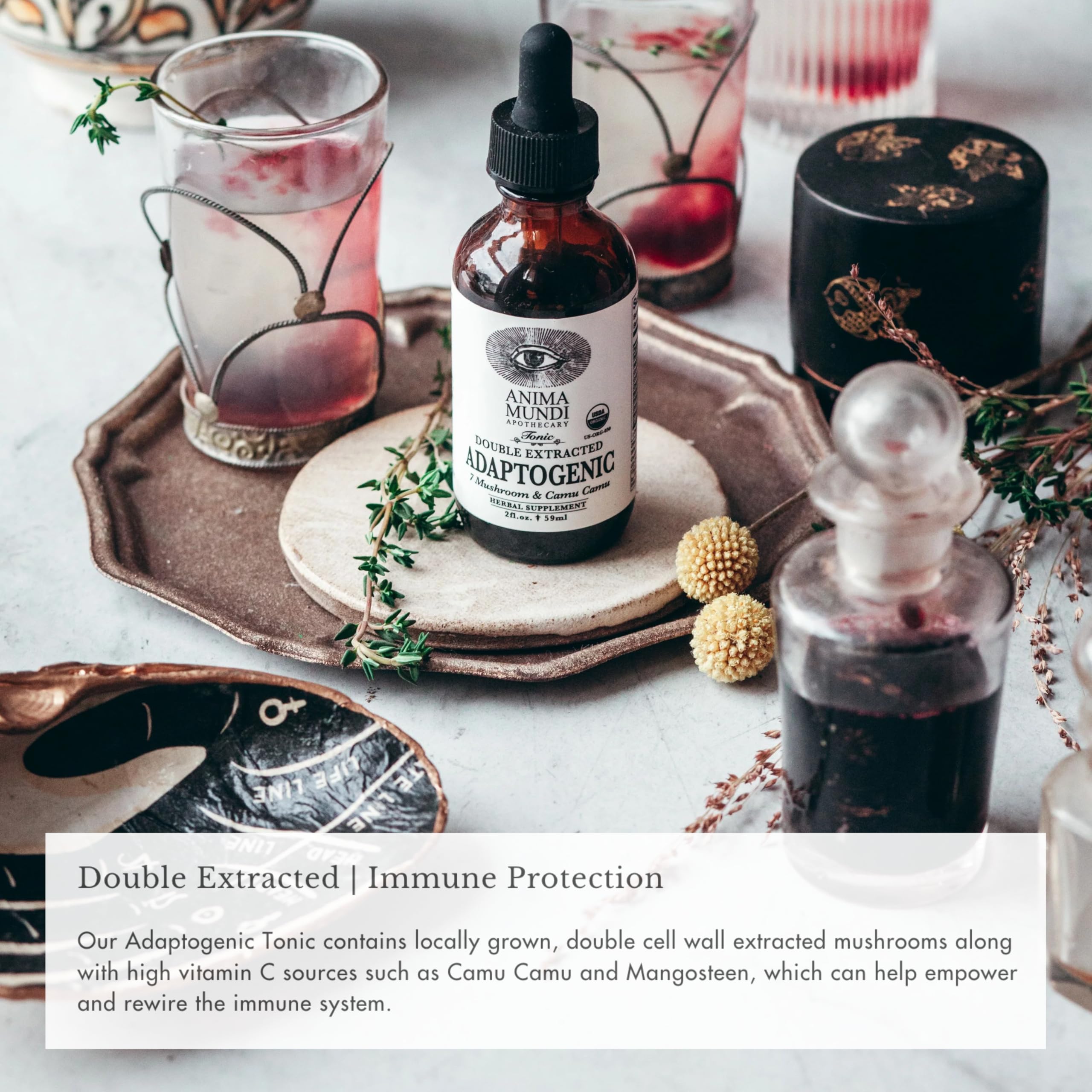 Anima Mundi Adaptogenic 7 Mushroom Drops dropper releasing drops over glass.