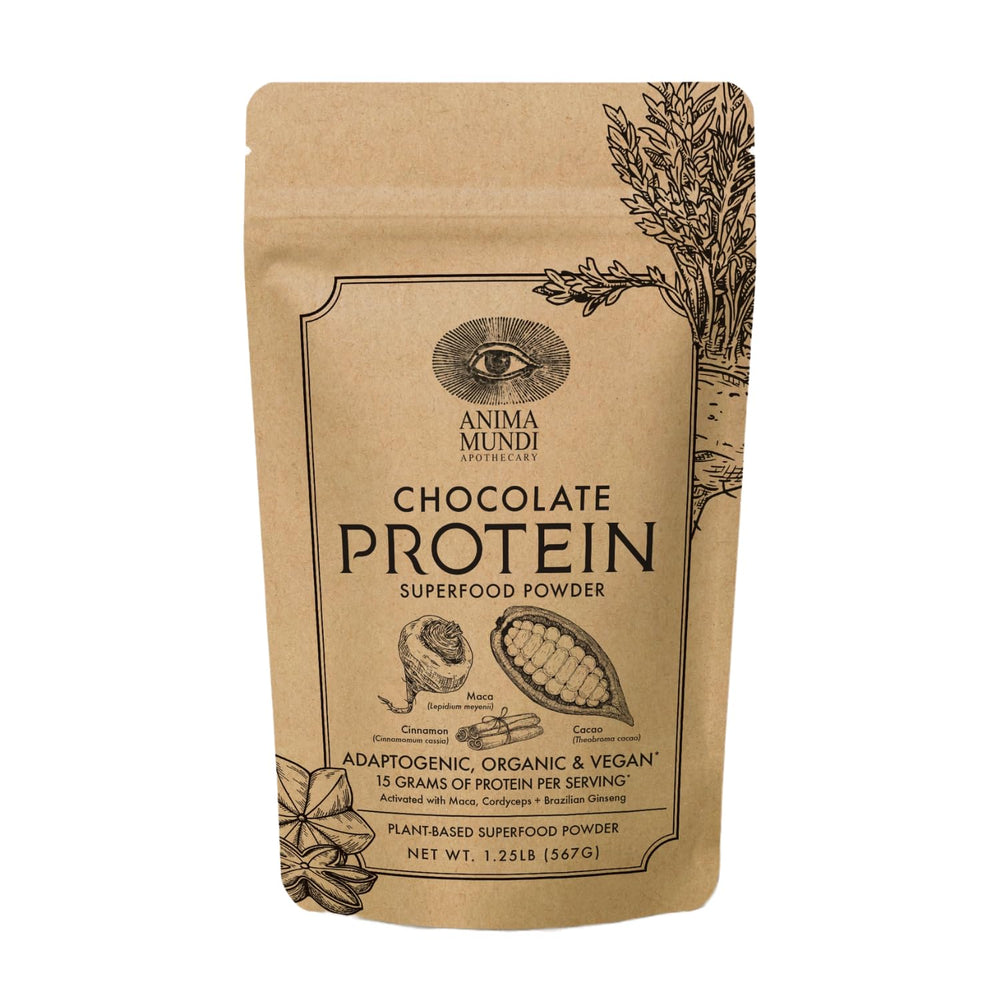 Anima Mundi Apothecary chocolate protein powder packaging showing a vegan energy option