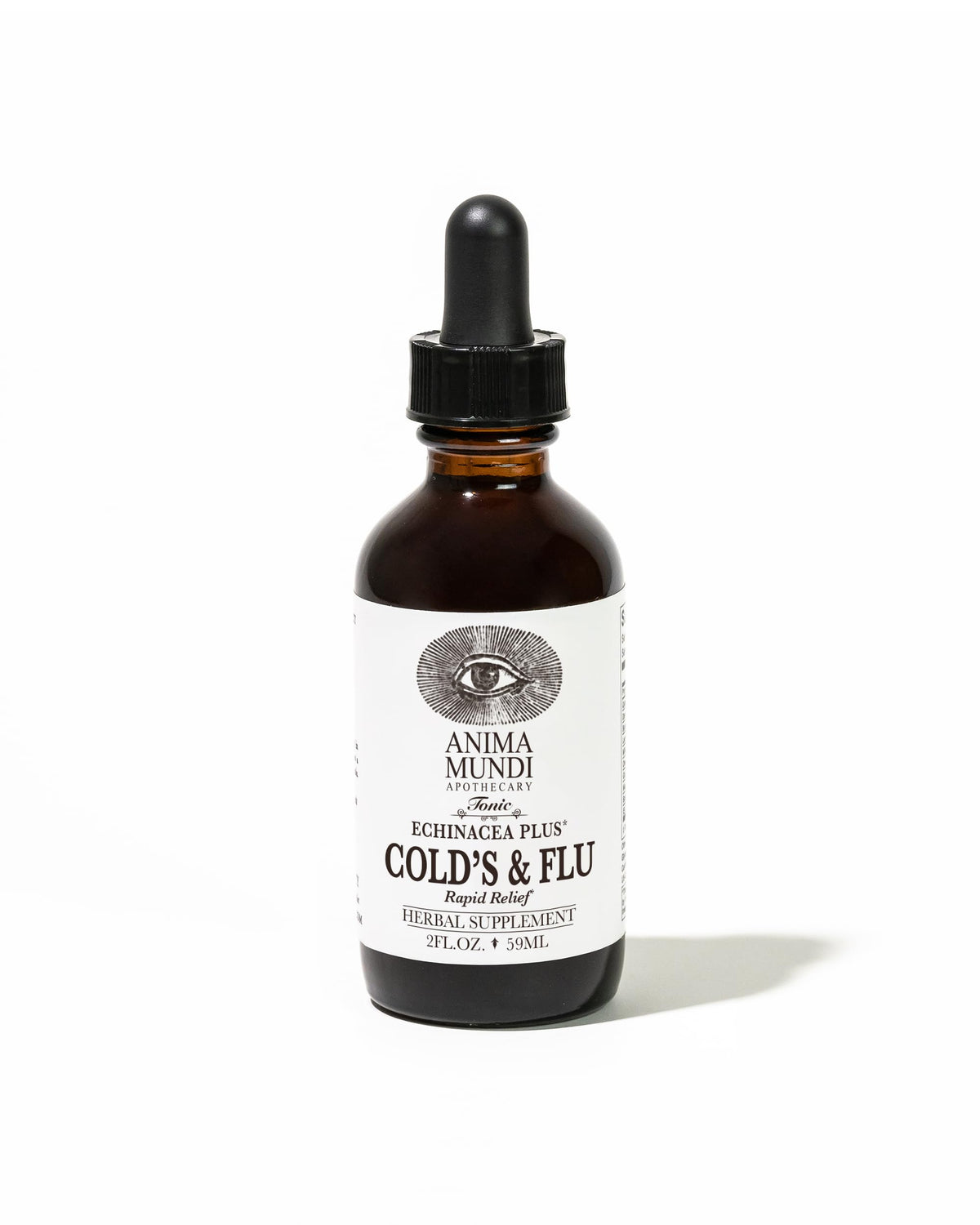 Anima Mundi Apothecary Cold's & Flu Tonic bottle on a wooden table, supports daily immune wellness.
