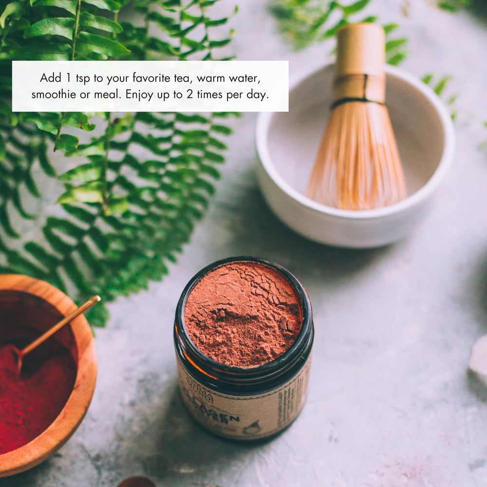 Anima Mundi Apothecary collagen co-nutrients with horsetail near the jar, signaling bone and nail support.