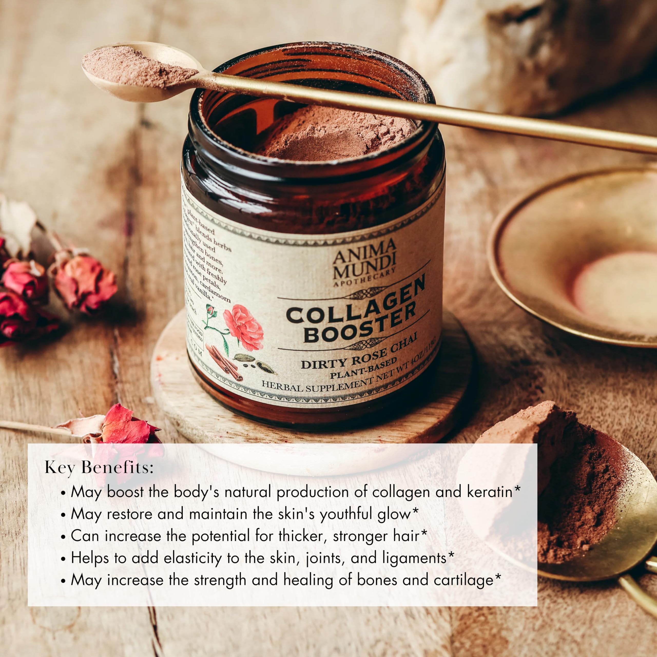 Anima Mundi Apothecary Dirty Rose Chai bottle showing premium herbal blend for skin and nails.