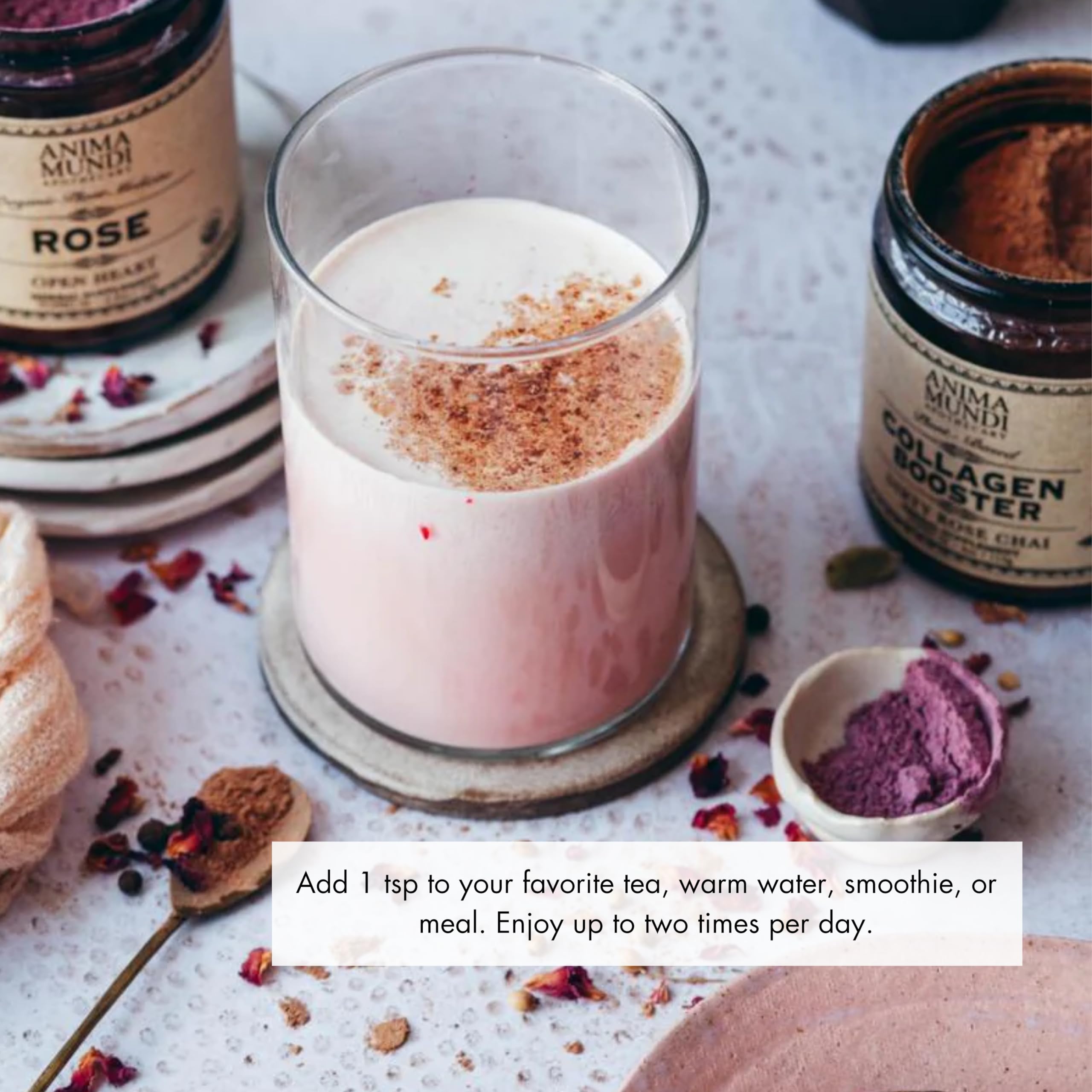 Glass with mixed Dirty Rose Chai powder for a convenient daily skin and hair routine.