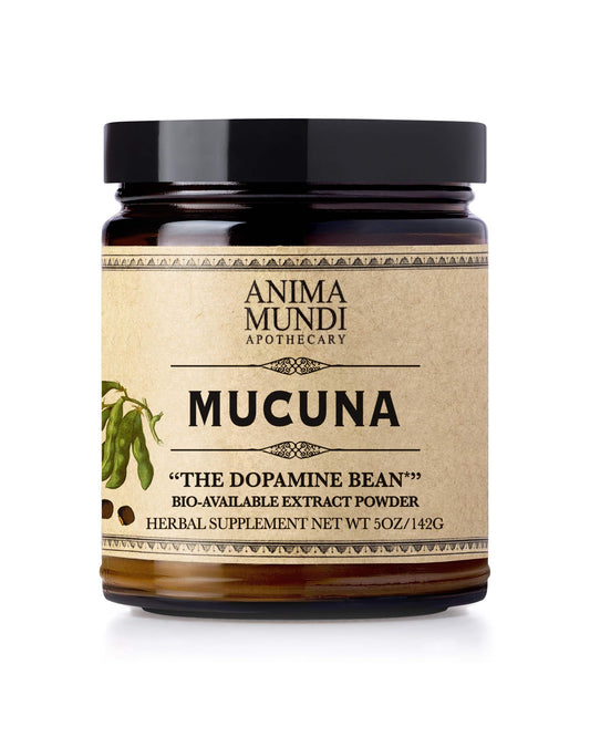 Anima Mundi Apothecary Mucuna powder bottle for daily mood-boosting routines.