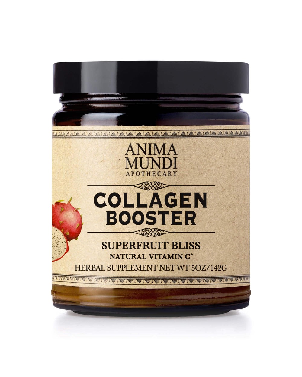 Anima Mundi Apothecary vegan collagen booster powder bottle front, promoting potential skin glow.